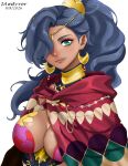  1girl absurdres blue_hair breasts circlet cloak commentary crescent crescent_earrings dark-skinned_female dark_skin earrings english_commentary fire_emblem fire_emblem:_fortune's_weave gold_choker gold_earrings green_eyes high_ponytail highres hood hooded_cloak iamerror14 jewelry large_breasts leda_(fire_emblem) looking_at_viewer ponytail red_cloak smile solo wavy_hair 
