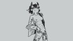 16:9 bare_breasts breasts clothing collared_shirt demon dress_shirt fangs female genitals hair hand_on_hip horn humanoid humanoid_pointy_ears leg_tattoo looking_at_viewer monochrome mostly_nude narrowed_eyes not_anim pointy_ears shirt short_hair signature simple_background solo surgical_suture tattoo teeth topwear traditional_media_(artwork) unnamed_character vulva widescreen