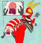 4_arms anal_fluids antennae_(anatomy) anthro anus arthropod arthropod_abdomen arthropod_abdomen_anus arthropod_abdomen_genitalia arthropod_abdomen_penis big_anus big_penis bodily_fluids butt cecropia_moth compound_eyes disembodied_hand genital_fluids genitals grey_hands hands_on_arthropod_abdomen hi_res insect insect_wings lepidopteran lepidopteran_wings male mightywheelchair moth multi_arm multi_limb multicolored_body neck_tuft nude penis portrait precum presenting presenting_anus pseudo_pupils rear_view red_body saturniid striped_abdomen stripes surprised three-quarter_portrait tuft vega_frith white_body wings yellow_antennae yellow_eyes