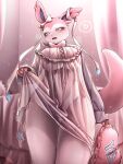 3:4 anthro anthrofied barely_visible_genitalia barely_visible_vulva bed big_breasts biped blush bow_(anatomy) bow_ribbon breasts clothed clothing eeveelution eyelashes female fur furniture generation_6_pokemon genitals heart_symbol hi_res looking_at_viewer mammal meme mimideu64931 nintendo open_mouth pajamas pillow pink_body pink_fur pokemon pokemon_(species) pokemorph ribbons ribbons_(anatomy) solo standing sylveon tail text_on_pillow vulva white_body wide_hips yes-no_pillow yes_pillow