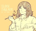  1girl 2024 absurdres birthday brown_hair closed_eyes collared_shirt commentary curvy eloise_taulner english_commentary flat_color fork hair_ornament happy highres holding holding_fork holding_knife knife orange_background parted_bangs project:_eden's_garden seraph_(sera_phiel) shirt short_hair simple_background solo sparkle watch white_shirt 