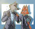 2025 4_fingers accessory anthro belt biped black_necktie black_nose blush blush_lines bodily_fluids border bottomwear boyfriend/girlfriend canid canine canis canon_couple cheek_tuft claws clothed clothed_anthro clothed_female clothed_male clothing clothing_pull dated diane_foxington dreamworks duo eyebrows eyelashes facial_tuft female female_anthro finger_claws fingers fox fully_clothed fully_clothed_anthro fully_clothed_female fully_clothed_male fur grabbing_partner green_outline grey_blazer grey_body grey_bottomwear grey_clothing grey_fur grey_pants hi_res iris male male/female male_anthro mammal matching_outfits mr._wolf_(the_bad_guys) necktie necktie_grab necktie_pull outline outside_border pants pink_nose playful pupils red_fox shy smile smiling_at_another smiling_at_partner snout sweat tail the_bad_guys true_fox tuft tutugan_0v0 white_dress_shirt wolf yellow_eyes yellow_sclera