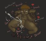 absurd_res belly big_breasts breasts brown_body crouching dark_body dark_skin ejaculation female genitals goblin hands-free hi_res huge_breasts humanoid hyper hyper_breasts large_nose overweight plump_labia shortstack shortstack_female small_body solo thick_thighs vulva winkiewinket