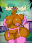 2026 absurd_res accessory anthro antlers armwear becky_(johnny_bravo) belly big_breasts blush breasts brown_body brown_fur cartoon_network clothing deer digital_media_(artwork) eyelashes eyeshadow female floating_eyebrows fur garter garter_belt garter_straps genitals hi_res horn huge_breasts johnny_bravo_(series) legwear looking_at_viewer makeup mammal mgdire671 moose new_world_deer nipples overweight overweight_anthro overweight_female pink_armwear pink_clothing pink_eyeshadow pink_legwear pink_stockings slightly_chubby solo stockings thick_thighs vulva wide_hips