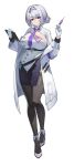  1girl absurdres black_skirt braid breasts character_request clipboard closed_mouth coat commentary_request copyright_request gloves grey_hair hair_intakes high_heels highres holding holding_clipboard holding_syringe mask_pull mole mole_under_eye momera multiple_moles necktie open_clothes open_coat purple_eyes purple_necktie shoes skirt solo syringe thighhighs white_background white_coat white_gloves white_shoes 