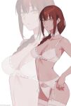  1girl artist_name bare_shoulders blush bra braid braided_ponytail breasts chainsaw_man choker cleavage collarbone commentary cowboy_shot english_commentary frilled_choker frills from_side garter_belt garter_straps hair_between_eyes hair_over_shoulder hand_on_own_hip highres linea_alba lingerie long_hair looking_at_viewer makima_(chainsaw_man) medium_breasts navel nipples panties parted_lips pcharlesart red_hair ringed_eyes see-through_bra see-through_clothes sidelocks simple_background standing stomach thighhighs thighs underwear white_background white_bra white_choker white_garter_belt white_garter_straps white_panties white_thighhighs yellow_eyes zoom_layer 
