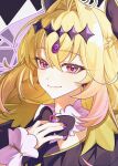  1girl antenna_hair black_bow black_bowtie black_capelet blonde_hair bow bowtie braid capelet closed_mouth commentary crossed_bangs cure_arcana_shadow diamond_hairband earrings hair_between_eyes hair_bow hair_intakes half_up_braid hand_on_own_chest highres jewelry long_hair looking_at_viewer magical_girl meitantei_precure! moria_luluka multicolored_hair nail_polish pink_eyes pink_hair portrait precure purple_nails seiya_nkmiko smile solo two-tone_hair untranslatable_commentary 