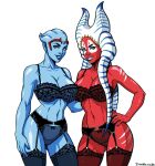 2026 alien alien_humanoid asari big_breasts bioware blue_body blue_eyes blue_skin bra breasts clothing collarbone duo electronic_arts eyebrows eyelashes female garter_belt garter_straps glistening glistening_body glistening_breasts glistening_skin hand_on_hip hi_res humanoid jaywilliamzart legwear lekku_(anatomy) lingerie markings mass_effect navel not_furry panties red_body red_skin samara shaak_ti smile star_wars stockings togruta underwear