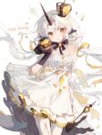  1girl animal_ears arm_cuffs bare_shoulders black_bow black_bowtie black_gloves black_horns blush bow bowtie bu_xiangpijin cowboy_shot crown dress english_text globus_cruciger gloves happy_birthday head_tilt highres holding holding_globus_cruciger holding_scepter horns long_hair looking_at_viewer low_twintails open_mouth original scepter simple_background single_horn sleeveless sleeveless_dress solo tail twintails white_background white_dress yellow_crown yellow_eyes 