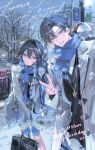  1boy 1girl absurdres bag bare_tree black_bag black_hair black_shirt black_sweater blue_eyes blue_gloves blue_scarf blue_sky chi_lai_chun closed_mouth coat commission commissioner_insert day english_text fence gloves green_eyes grey_coat hair_intakes happy_birthday highres holding holding_bag lapels long_hair long_sleeves mihuashi_commission notched_lapels oc_x_canon open_clothes open_coat open_mouth original outdoors power_lines scarf shirt short_hair sign sky smile sweater tree triangle_button v watermark white_shirt winter winter_clothes xiao_yi_(light_and_night_love) 
