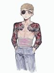  1boy arm_tattoo bandaged_stomach bandages blonde_hair danganronpa_(series) danganronpa_2:_goodbye_despair dragon_print eyepatch freckles hands_in_pockets highres irezumi kamo_(kamooo44) kuzuryu_fuyuhiko male_focus pants short_hair shoulder_tattoo simple_background solo tattoo white_background 