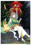  1girl ^_^ absurdres apple_hair_ornament applin bamboo blue_nails blue_sash border breasts brown_eyes brown_hair closed_eyes commentary_request cup dated disposable_cup disposable_ice_cream_cup food food-themed_hair_ornament glassy0302 green_kimono hair_ornament hands_up happy highres hisuian_decidueye holding holding_spoon ice_cream ice_cream_spoon japanese_clothes kimono kuraishi_ringo_(glassy0302) large_breasts leaf leafeon long_hair mega_stone nail_polish night no_socks okobo open_mouth original outdoors outside_border platform_sandals pokemon sandals sash short_kimono sitting skirt sleeping_animal smile spoon tanabata tanzaku tassel twitter_username white_border white_skirt wide_sleeves 