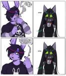 4_panel_comic alternative_fashion anthro arthur_(lapinbeau) bell bell_collar black_hair bodily_fluids cigarette cigarette_in_mouth clothing collar collar_only comic danica_(daniruu) dialogue duo ear_piercing ear_ring emo english_text female fur green_sclera hair hair_over_eye half-closed_eyes hi_res humor lagomorph leporid lighter male mammal narrowed_eyes naughtyjester nude object_in_mouth piercing purple_body purple_fur rabbit ring_piercing shirt simple_background smoking_tobacco t-shirt tears teary_eyes text topwear white_background