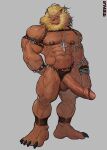 abs anthro balls bandai_namco beard biceps big_penis blonde_hair blue_eyes calf_muscles chain claws clothed clothing cross deltoids digimon digimon_(species) ear_piercing ear_ring erection facial_hair feet forearm_muscles genitals glans grey_background hair hi_res huge_penis leomon male mane navel nipples pecs penis piercing ring_piercing simple_background solo tattoo tenji_89 toes topless triceps underwear vein veiny_muscles veiny_penis