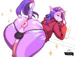 4:3 animal_genitalia animal_penis anthro anus areola bent_over black_clothing black_thong black_underwear blue_eyes butt clothing colored digital_drawing_(artwork) digital_media_(artwork) equid equine equine_anus equine_genitalia equine_penis erection eyelashes femboy genitals hair hi_res hoodie horn leaning leaning_forward long_hair looking_at_viewer looking_back looking_back_at_viewer male male_anthro mammal medial_ring mythological_creature mythological_equine mythology pantsless_male penis pinup pose presenting presenting_hindquarters puffy_anus puffy_areola raised_tail red_clothing red_hoodie red_topwear shaded simple_background smile snout sparkles striped_body stripes tail tail_tuft thick_thighs thong topwear tuft underwear unicorn white_background ziffir