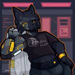 1:1 2d_animation animated animated_gif anthro black_body black_fur bottomwear bulge clothing cybernetic_arm cybernetic_eye cybernetic_limb cybernetics cyborg digital_media_(artwork) domestic_cat felid feline felis fur loop machine male mammal nagifur orange_eyes short_playtime smug solo sypher_(nagifur)