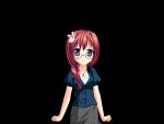  1girl black_background blue_eyes blue_shirt blush braid breasts closed_mouth collared_shirt cowboy_shot fumizuki_yukari game_asset glasses grey_skirt hair_intakes hair_ornament hair_over_shoulder hara_hara!! jewelry large_variant_set long_hair looking_at_viewer necklace non-web_source official_art pencil_skirt puffy_short_sleeves puffy_sleeves rabbit_hair_ornament rabbit_ornament red_hair self-datamine sena_mirai_(hara_hara!!) shirt short_sleeves sidelocks simple_background skirt small_breasts smile solo standing tachi-e variant_set 