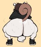 anthro backsack balls big_balls big_butt biped bodily_fluids body_hair butt butt_hair canid canine clothing crouching disk_(moomular) footwear genitals hi_res hoodie huge_butt male male_anthro mammal moomular musk overweight plantigrade scrotum_flap shoes sneakers solo sweat sweaty_body topwear