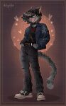 absurd_res aguri anthro blue_eyes bottomwear clothing denim denim_bottomwear denim_clothing domestic_cat ear_piercing ear_ring felid feline felis footwear hand_in_pocket hi_res inner_ear_fluff jeans male mammal open_mouth pants piercing pockets ring_piercing shoes sneakers solo tail tuft