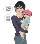  1girl 1other alien_stage carrying carrying_person child commentary english_commentary highres mother_and_child open_mouth pacifier parent_and_child pink_hair purple_eyes sua_(alien_stage) sua_(zombie_stage) the_quipper yellow_eyes zombie_stage 