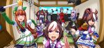  6+girls :d absurdres animal_ears ascot asymmetrical_gloves black_boots black_dress black_jacket black_skirt blue_eyes blue_gloves blue_socks blunt_bangs blush bomb boots bow bowtie braid brass_knuckles breasts brown_hair brown_hat collared_shirt commentary_request daiwa_scarlet_(peak_blue)_(umamusume) daiwa_scarlet_(umamusume) dress ear_covers epaulettes explosive flat_chest frilled_dress frills full_body gloves gold_ship_(red_strife)_(umamusume) gold_ship_(umamusume) hairband half_up_braid hat highres holding holding_wand horse_ears horse_girl horse_tail jacket large_breasts long_hair long_sleeves manman_(nicoseiga_273840) medium_breasts mejiro_mcqueen_(frontline_elegance)_(umamusume) mejiro_mcqueen_(umamusume) midriff multicolored_hair multiple_girls navel neck_ribbon oguri_cap_(umamusume) open_mouth orange_hair pantyhose pillbox_hat pink_ascot pleated_skirt ponytail purple_eyes purple_hair purple_ribbon purple_shirt purple_skirt red_dress ribbon running school_uniform shirt short_hair silence_suzuka_(innocent_silence)_(umamusume) silence_suzuka_(umamusume) single_epaulette skirt sleeveless sleeveless_dress smile socks special_week_(special_dreamer)_(umamusume) special_week_(umamusume) star_wand tail tatami thighhighs tokai_teio_(peak_joy)_(umamusume) tokai_teio_(umamusume) tracen_school_uniform two-tone_hair umamusume umamusume:_party_dash v-shaped_eyebrows vodka_(umamusume) vodka_(wild_top_gear)_(umamusume) wand weapon weights white_bow white_bowtie white_gloves white_hair white_hairband white_jacket white_pantyhose white_shirt white_skirt white_thighhighs winter_uniform 