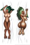 3_fingers 4_toes alien anthro arm_feathers arm_tuft ass_up avian beak big_breasts big_butt breasts butt colored dakimakura dewclaw digitigrade feather_hair feathered_crest feathers feet female fingers genitals green_body green_feathers halo_(series) hand_behind_head head_crest hi_res innie_vulva kig-yar looking_at_viewer lying microsoft navel nipples non-mammal_breasts non-mammal_navel non-mammal_nipples on_back on_front pseudo_hair rastaban_coal red_eyes scalie solo t'vaoan thigh_gap toes tuft vulva xbox_game_studios