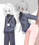  1boy 1girl absurdres ahoge ass backpack bag bandaid bandaid_on_face black_eyes black_jacket black_pants black_shirt borrowed_character bottomless breasts commentary cum cum_on_ass cum_on_body cum_on_legs cum_overflow cumdrip double-parted_bangs grabbing_another's_arm hair_between_eyes highres jacket long_hair long_sleeves motion_lines multiple_views original pants parted_lips peanut_mouth ponytail sari_(zakura27502762) sex sex_from_behind shirt sidelocks small_breasts sweat teeth turtleneck turtleneck_shirt very_long_hair wide-eyed 