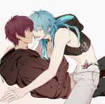  2boys black_hoodie black_panties blue_hair brown_eyes commentary_request cropped_jacket crossdressing crossdressing_(mtf) dramatical_murder earrings face-to-face fingernails from_side heart heart_tattoo highleg highleg_panties highres hood hood_down hooded_jacket hoodie jacket jewelry long_hair male_focus miemia mizuki_(dramatical_murder) multiple_boys navel necklace panties pants red_hair seragaki_aoba short_hair simple_background straddling tattoo thong thong_panties tongue tongue_out underwear white_background white_pants yaoi 