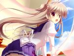  1girl arched_back arm_support back_ribbon breasts brown_eyes cloud curtains day fang floating_hair from_below from_side game_asset grey_hair highres indoors jacket juliet_sleeves leaning_forward long_hair long_sleeves looking_at_viewer looking_back mikeou miniskirt nanairo_kouro nanami_haruka_(nanairo_kouro) non-web_source open_mouth open_window pleated_skirt puffy_sleeves purple_sailor_collar purple_skirt ribbon sailor_collar school_uniform self-datamine skirt sky small_breasts solo standing striped_clothes turning_head two_side_up white_jacket white_ribbon window 
