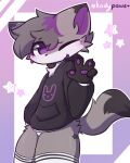 4_fingers anthro black_clothing black_hoodie black_topwear blush blush_lines canid claws clothing femboy fingers fur fur_markings grey_body grey_ears grey_fur grey_tail hair hoodie koda_kattt legwear looking_at_viewer male mammal markings one_eye_closed open_mouth pawpads purple_eyes purple_inner_ear purple_mouth purple_pawpads remy_pawz simple_background smile smiling_at_viewer solo star_(marking) tail thigh_highs topwear watermark