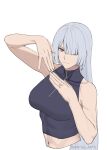  1girl absurdres ak-15_(girls'_frontline) breasts closed_mouth commentary cropped_torso english_commentary expressionless girls'_frontline girls'_frontline_2:_exilium grey_hair hair_between_eyes hair_over_one_eye hand_up highres jewelry long_hair looking_at_viewer matsu_arts medium_breasts muscular muscular_female navel purple_eyes purple_shirt ring shirt simple_background solo strapless strapless_shirt twitter_username upper_body voymastina_(girls'_frontline_2) wedding_ring white_background 