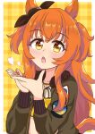  1girl absurdres animal_ears blush bomber_jacket breasts brown_ribbon collarbone commentary_request crop_top dog_tags ear_ribbon green_jacket heart highres horse_ears horse_girl horse_tail jacket long_hair long_sleeves looking_at_viewer mayano_top_gun_(scramble_zone)_(umamusume) mayano_top_gun_(umamusume) mgr3na2sup_6 midriff open_clothes open_jacket open_mouth orange_hair orange_tail ribbon small_breasts solo tail two_side_up umamusume upper_body 