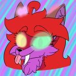 1:1 2021 ahoge canid canine demigirl_(lore) eyelashes fangs felid fox fur glowing glowing_eyes glowing_markings green_eyes hair headshot_portrait heart_(marking) hi_res hybrid inner_ear_fluff looking_at_viewer mammal markings nonbinary_(lore) portrait prehistoric_species purple_body purple_fur purple_inner_ear_fluff red_body red_ears red_fur red_hair robyn_(robynsnowyfoxxo) robynsnowyfoxxo saber-toothed_tiger sabertooth_(anatomy) teeth tongue tongue_out trans_(lore) trans_woman_(lore) tuft yellow_eyes