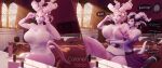 3d_(artwork) absurd_res alien areola big_breasts black_hair blizzard_entertainment bottomless bottomwear breasts cleavage clothed clothing colonelyobo digital_media_(artwork) draenei duo english_text female female/female genitals grabbed hair hi_res hooves horn hug huge_breasts hugging_another hugging_from_behind humanoid humanoid_pointy_ears nipples pointy_ears tail text topwear undressing undressing_another vulva warcraft wardrobe_malfunction white_hair