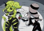 absurd_res angry anthro big_breasts big_butt big_eye big_eyes black_bodysuit black_clothing black_latex black_skinsuit bodily_fluids bodysuit boots bottomwear breasts brick brick_wall butt clothed clothing collar cross-popping_vein currency_symbol demon dollar_sign duo fangs female female_anthro femme_fatale footwear fur hi_res high_heeled_boots high_heels huge_breasts humanoid large_hair larger_female latex latex_bodysuit latex_clothing latex_skinsuit mammal markings money money_sign monster monster_girl_(genre) muscular muscular_female nervous nervous_look nervous_sweat pants pouch_(clothing) procyonid raccoon raccoon_tail ring ring_(marking) ringed_tail sharp_teeth shirt shocked shoes simple_background size_difference skinsuit small_wings solo spade_tail spiked_collar spikes striped_markings striped_tail stripes sweat symbol tail tail_markings teeth therizkpiecraft thief tight_clothing topwear uva_the_raccoon wall_(structure) wallet wings