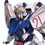  artist_name blue_eyes character_name commentary_request earth_federation f91_gundam glowing glowing_eyes gun gundam gundam_f91 machine_gun mecha mecha_focus mobile_suit no_humans portrait robot roundel science_fiction signature solo v-fin weapon white_background zephid 