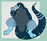 2016 3_toes 5_fingers ambiguous_anthro ambiguous_gender anthro bent_arm bent_legs blue_body blue_claws blue_eyes blue_skin blue_stripes blue_tail claws digital_drawing_(artwork) digital_media_(artwork) english_description eyes_closed featureless_chest featureless_crotch feet fingers fist flat_colors full-length_portrait grey_body grey_skin grosspotoo kaiju long_tail male markings nude nude_anthro nude_male portrait reptile scalie simple_background slightly_chubby slightly_chubby_anthro slightly_chubby_male solo spines spread_legs spreading striped_arms striped_markings striped_tail stripes tail tail_markings teal_spines teal_stripes teal_teeth teeth thick_tail thick_thighs toe_claws toes toothy_smile