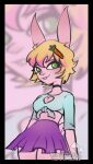 anthro art_fight blonde_hair blue_clothing blue_shirt blue_topwear bottomwear choker clothing collar corderyceps female green_eyes hair hi_res highlights_(coloring) jewelry lagomorph mammal milky_rivas necklace pink_body pink_highlights pose purple_bottomwear purple_clothing purple_skirt shirt skirt smile smiling_at_viewer solo topwear