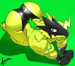2026 3_toes 5_fingers all_fours anthro bandai_namco big_butt biped black_clothing black_gloves black_handwear black_mask black_underwear bulkmon butt cheek_tuft claws clothed clothed_anthro clothed_male clothing crimenes digimon digimon_(species) digital_drawing_(artwork) digital_media_(artwork) facial_tuft feet fingers fur glistening glistening_body glistening_butt gloves green_background green_body green_eyes green_fur handwear high-angle_view looking_at_viewer looking_up looking_up_at_viewer male mask multicolored_body multicolored_fur muscular muscular_anthro muscular_male signature simple_background solo spanish_description toe_claws toes topless topless_anthro topless_male tuft two_tone_body two_tone_fur underwear wearing_mask yellow_body yellow_fur