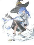  1girl ahoge airfish_(lefko_d) black_dress blue_eyes blue_hair boots braid commentary dress hair_between_eyes hat highres holding holding_staff large_hat liquid long_hair looking_at_viewer mage_staff mushoku_tensei roxy_migurdia solo staff twin_braids very_long_braid white_background white_boots witch_hat 