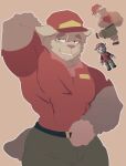 aj_alpaca_(piggy) alpaca anthro badge belt bottomwear camelid chibi clothing collared_shirt digital_drawing_(artwork) digital_media_(artwork) ears_down fur hair hand_behind_head hand_on_belt hat headgear headwear hi_res lineless male mammal muscular muscular_anthro muscular_male neck_tuft nub_tail outline pants piggy_(roblox) pivoted_ears polo_shirt roblox shaded shirt simple_background smile solo tail topwear tuft zappyron