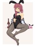  1girl absurdres ahoge animal_ear_hairband animal_ears artist_logo bare_shoulders black_bow black_bowtie black_leotard black_nails blush bocchi_the_rock! bottle bow bowtie braid breasts cleavage collar collarbone commentary cube detached_collar english_commentary fake_animal_ears fingernails full_body gotoh_hitori gotoh_hitori_(tsuchinoko) hair_over_shoulder hairband half-closed_eye hand_on_own_stomach highleg highleg_leotard highres hiroi_kikuri jitome leotard logo long_hair looking_at_viewer nail_polish nose_blush pantyhose playboy_bunny purple_eyes purple_hair rabbit_ear_hairband rabbit_ears ringed_eyes sake_bottle side_ahoge simple_background single_braid sitting solo strapless strapless_leotard toenail_polish toenails treepxiv white_collar 