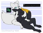 ambiguous_gender anthro black_sclera blue_eyes canid canine casualties:_unknown claws coffeefly cuddling dipstick_tail expie_(gunsawian) eyes_closed fox gameplay_mechanics gunsaw gunsawian hi_res hug hugging_another hugging_from_behind hybrid mammal markings milky_(gunsawian) murid murine nuzzling paws rat rodent tail tail_markings