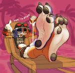 3_toes anthro barefoot beach_chair black_pawpads bottomwear chair clothing countershade_feet countershading crossed_ankles dialogue domestic_cat drunk epic_games eyewear eyewear_on_head feet felid feline felis female foot_fetish foot_focus fortnite furniture hat headgear headwear humanoid_feet lying mammal meow_skulls metalhead_meow_skulls on_back palm_tree pawpads piritas_(artist) plant plantigrade plantigrade_pawpads shirt simple_background skirt soles solo substance_intoxication sunglasses sunglasses_on_head text toes topwear tree wearing_sunglasses wrinkled_feet wrinkles