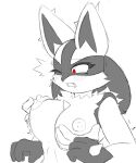 absurd_res anthro areola big_breasts blush blush_lines breast_grab breasts cheek_tuft chest_spike disembodied_hand duskxvi eyelashes facial_tuft fangs female front_view generation_4_pokemon groping_from_behind hand_on_breast hand_spike hi_res lucario nintendo nipple_fetish nipple_play nipples one_eye_closed open_mouth pokemon pokemon_(species) red_eyes simple_background solo spikes spikes_(anatomy) teeth tuft white_background