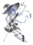  1girl black_hat blue_eyes blue_hair boots braid closed_mouth commentary dress full_body hat highres holding holding_staff long_hair mage_staff mushoku_tensei roxy_migurdia simple_background sitting solo staff tarinne twin_braids white_background white_boots white_dress witch_hat 