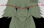  1boy beard_stubble black_haori bleach blood blood_from_eyes blue_eyes collarbone crossed_bangs facial_hair grey_background hair_between_eyes haori highres japanese_clothes light_smile limited_palette looking_at_viewer male_focus parted_lips short_hair solo stitches stubble sx1bmv twitter_username urahara_kisuke 