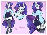  1girl ambris_art animal_ears ass black_bra black_skirt blue_eyes blue_shirt bra breasts choker cleavage cowboy_shot dock_(tail) earrings from_above from_behind furry garter_straps hand_on_own_hip hand_on_own_thigh high_heels highres horse_ears horse_girl jewelry lace lace_thighhighs looking_at_viewer looking_back multiple_views my_little_pony my_little_pony:_friendship_is_magic purple_hair purple_tail rarity_(my_little_pony) shirt simple_background skirt solo thighhighs underwear unicorn upper_body 