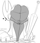 2_horns 5_fingers anthro arachnid arthropod biped black_body black_eyes black_text butt cloak clothed clothing empty_eyes english_text female fingers heart_butt_challenge hi_res hollow_knight_(franchise) horn hornet_(hollow_knight) latiar melee_weapon monochrome motion_lines plant pose praise_da_booty_(meme) rear_view solo spider team_cherry text weapon