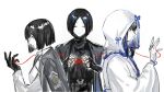  1boy 2girls araya_(project_moon) black_gloves black_jacket black_sweater bob_cut closed_eyes closed_mouth commentary fingerless_gloves gloves highres hood hood_up jacket jacket_on_shoulders japanese_clothes kimono limbus_company multiple_girls nishikujic project_moon red_eyes ren_(project_moon) ryoshu_(project_moon) shiromuku shirt short_hair string string_of_fate sweater turtleneck turtleneck_sweater tying_ribbon uchikake veil white_gloves white_kimono white_shirt white_veil 